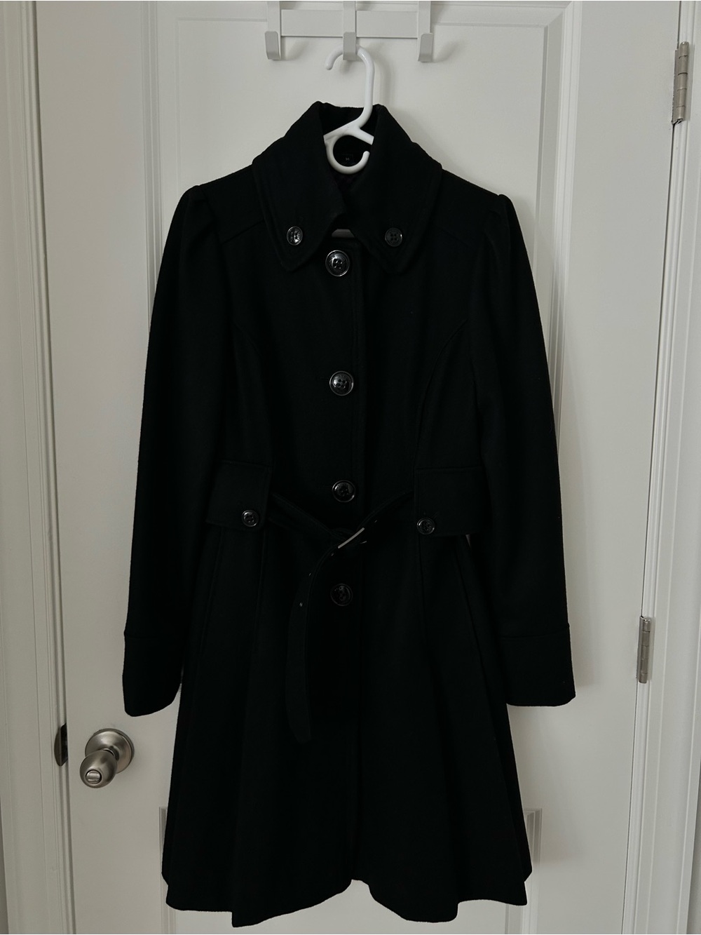 Vintage Steve Madden Late 2000s Black Wool Coat Y2K Fit & Flare Purple Lining